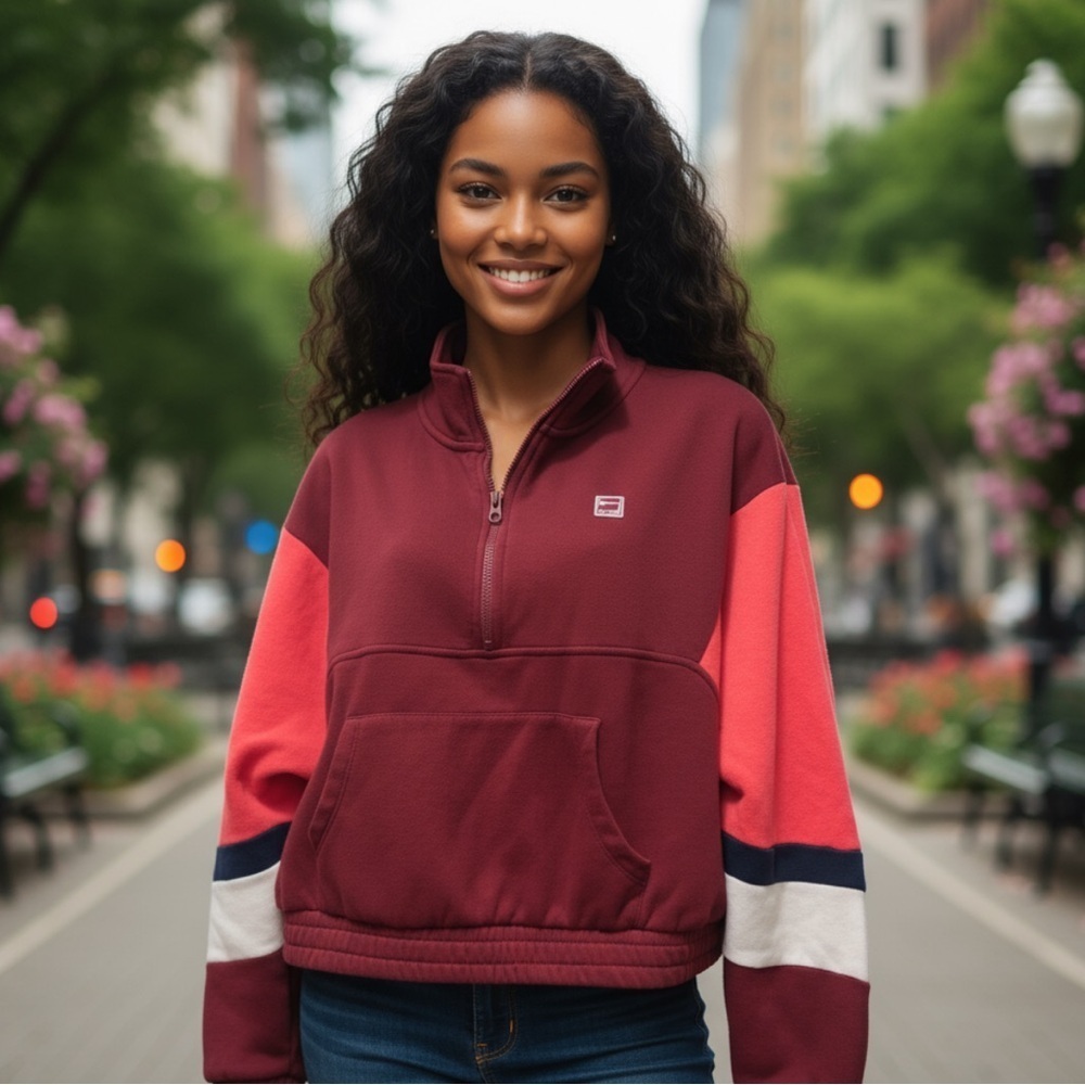 🍀2/$22 Tommy Hilfiger 1/4 Zip Cropped Oversized Sweatshirt Red Womens Medium